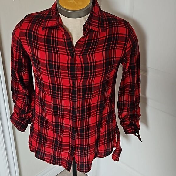 Japana Women's Buffalo Plaid Flannel Long Sleeves Button Down Shirt Medium Red - Picture 2 of 16